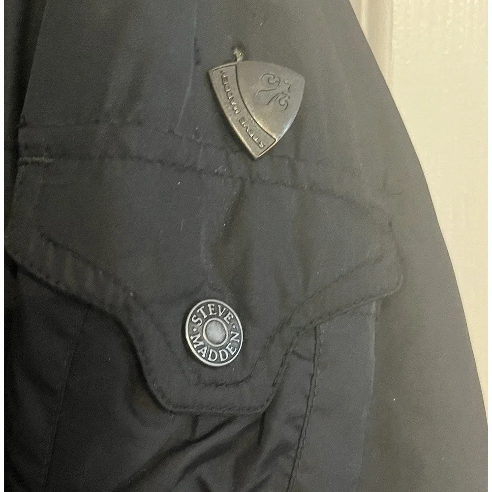 Steve Madden‎ Womens Black Hooded Puffer Parka Jacket Size L Utility Winter Coat